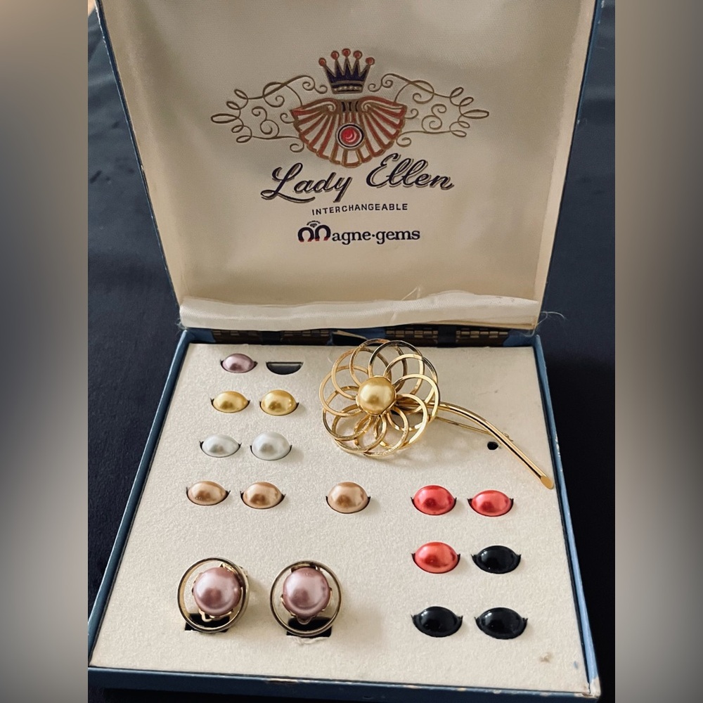 #34 Lady Ellen 1950’s Interchangeable Magne-Gems Boxed Earrings/Brooch Set
